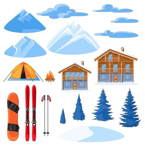 Winter set for design. Alpine chalet houses, snowboard, ski, snowy mountains and fir trees.