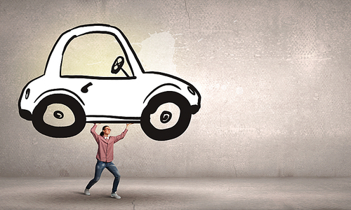 Young student girl lifting drawn car above head