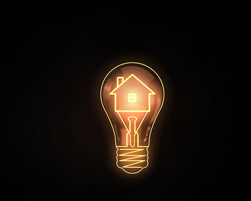 Home icon inside of light bulb on dark background