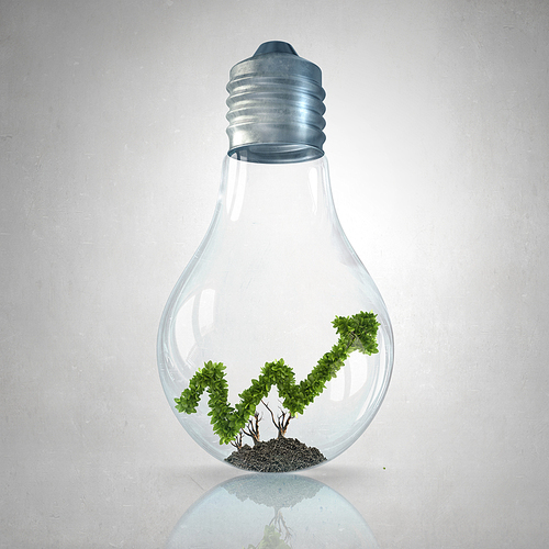 Green plant shaped like graph inside glass light bulb
