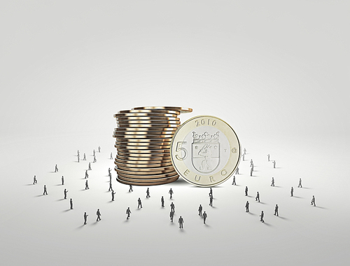 Business people and macro stack of euro coins