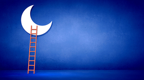 Conceptual image with ladder to moon on blue background