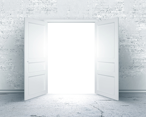 Conceptual image of white opened door. Perspective