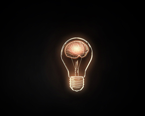 Light bulb with human brain inside on dark background