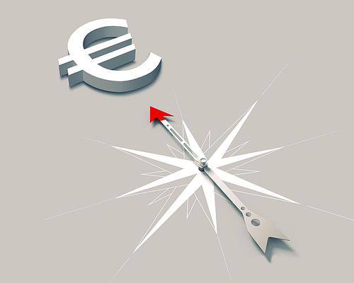 Conceptual image of compass directing at euro symbol