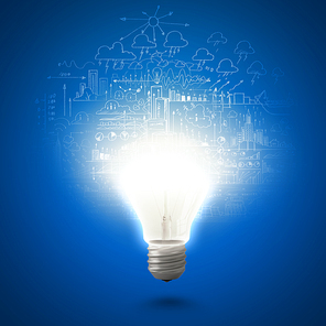 Conceptual image of electric bulb with business sketches
