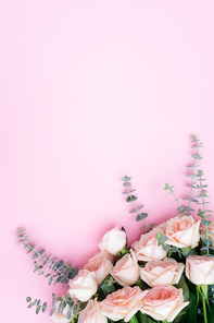 Rose fresh flowers on pink table from above with copy space, flat lay frame