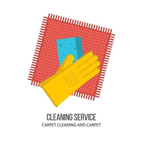 Cleaning service. Professional carpet cleaning. Hand in a rubber glove sponge washes carpet.  Flat vector illustration, emblem. Isolated on white .