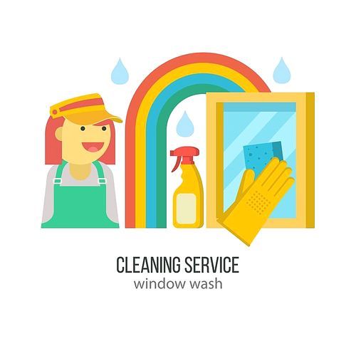 Cleaning service. Professional window cleaning. Hand in rubber glove with sponge washes the window.  Flat vector illustration, emblem. Isolated on white .