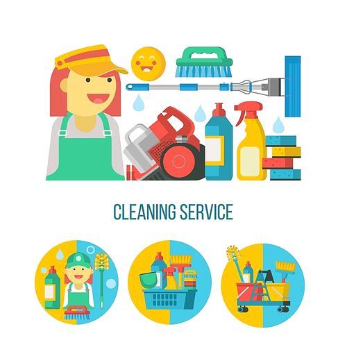 Cleaning service. Flat vector illustration, set of emblems, logos. Professional cleaning of premises. Set of vector cliparts isolated on white . Set of cleaning products in a plastic basket, vacuum cleaner, maid, MOP.