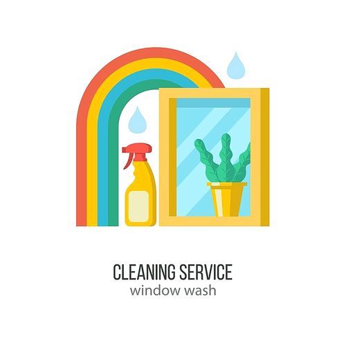 Cleaning service. Professional window cleaning. Hand in rubber glove with sponge washes the window.  Flat vector illustration, emblem. Isolated on white .