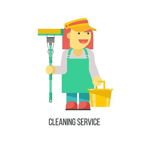 Cleaning service. Flat vector illustration. Professional cleaning of premises. Cleaning lady with MOP and bucket in hand.