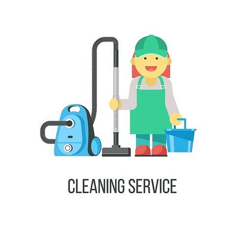 Cleaning service. Flat vector illustration. Professional cleaning of premises. The cleaning lady with the vacuum cleaner and a bucket in his hand.