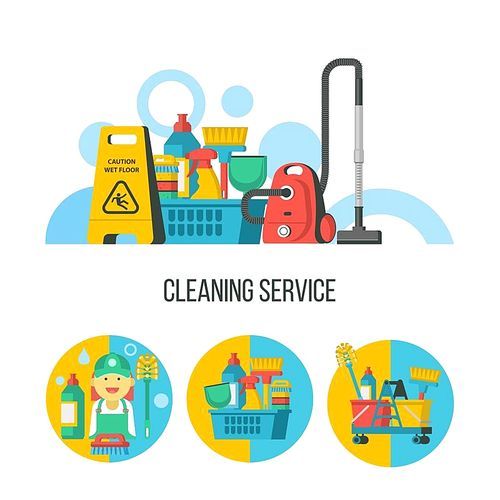 Cleaning service. Flat vector illustration, set of emblems, logos. Professional cleaning of premises. Set of vector cliparts isolated on white . Set of cleaning products in a plastic basket, wet floor sign, vacuum cleaner.