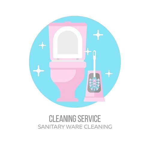 Cleaning service. Clean toilet bowl and toilet brush. Flat vector illustration, emblem. Isolated on white .