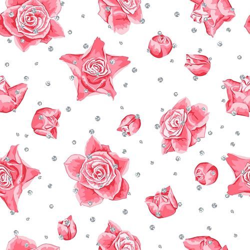 Wedding seamless pattern background with roses and glitter.