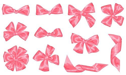 Set of pink satin gift bows and ribbons.
