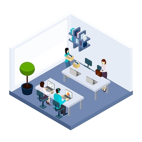 Coworking employees sharing working space sitting in modern business office together isometric banner design abstract vector illustration