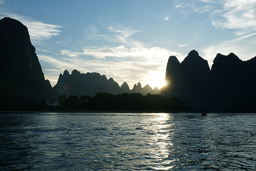 Sunset landscape of river Li and mountain, Guilin, China.