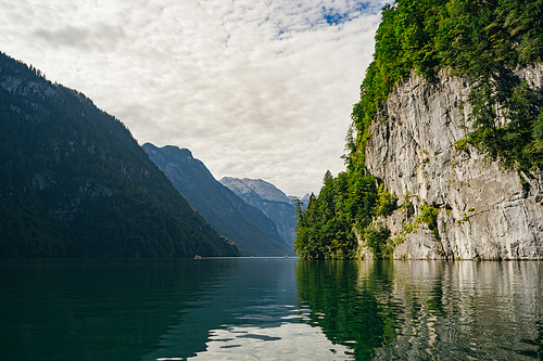 Cliffed coast of lake Konigssee,  Berchtesgadener Land, Bavaria, Germany