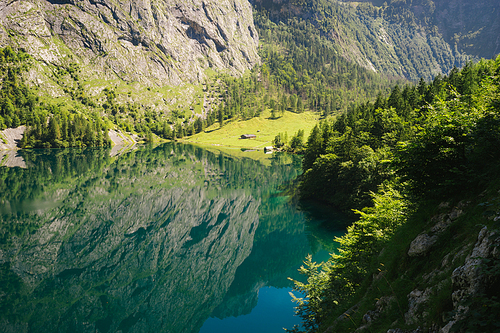 Mountain reflections in Obersee lake, Berchtesgaden Alps, Bavaria, Germany