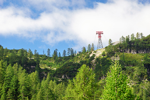 Cable car tower on hill slope covered by larch wood