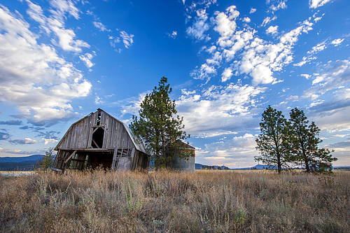 Old barn under a blue sky with clouds in the Rathdrum Prairie in north Idaho.