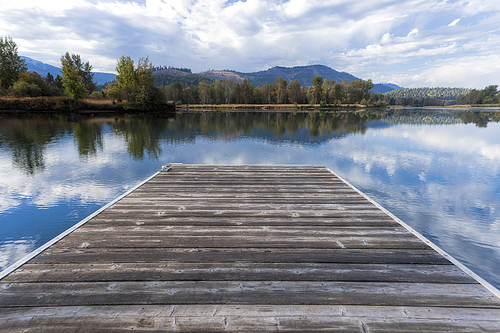A wood dock by the Coeur d'Alene River near Cataldo, Idaho.