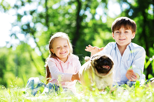 Adorable boy and girl in summer park with their dog