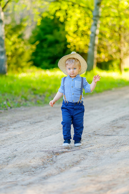 Portrait of toddler child outdoors. Rural scene with one year old baby boy wearing straw hat