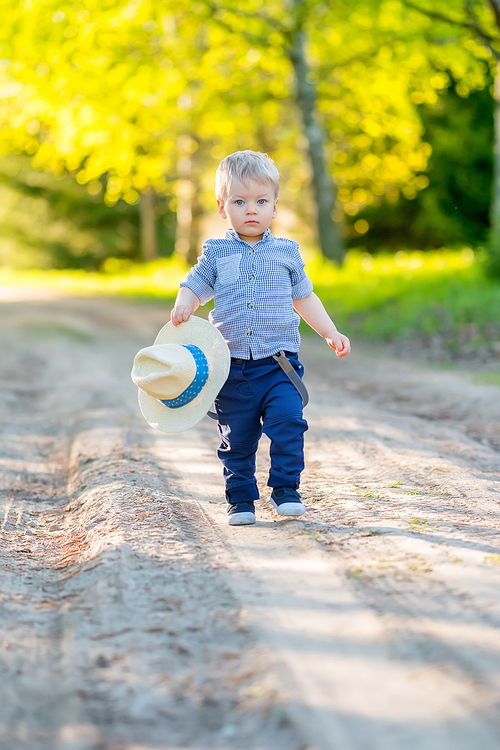 Portrait of toddler child outdoors. Rural scene with one year old baby boy with straw hat