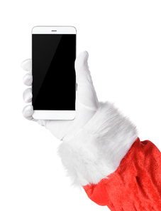 Santa holding smartphone with black blank screen in hand isolated on white. Screen is cut with clipping path
