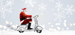 Santa Claus on scooter driving at Christmas or New Year snowy gray background