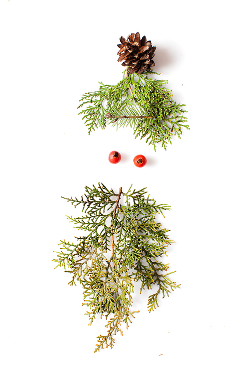 Gnome or elf face from natural materials. Christmas silhouette picture in minimalistic design concept