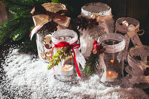 DIY glass candlesticks Christmas decor with lace and ribbons