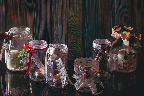 DIY glass candlesticks Christmas decor with lace and ribbons