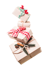 Christmas gift boxes levitation isolated on white