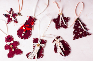 Christmas vintage decor - bordo felted sewed toys, top view