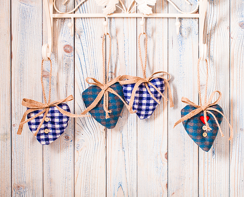 Valentine vintage decor - blue gingham hearts on the hooks