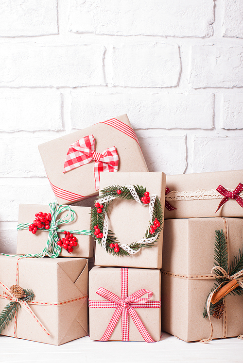 Christmas craft boxes decorated in vintage eco style