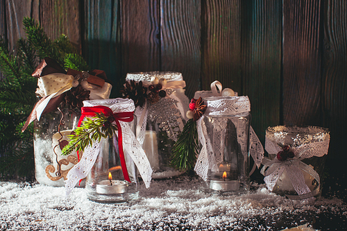 DIY glass candlesticks Christmas decor with lace and ribbons