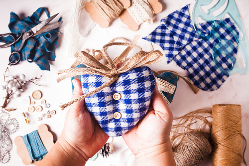 Christmas or Valentine vintage decor - bolue gingham hearts sewing preparations