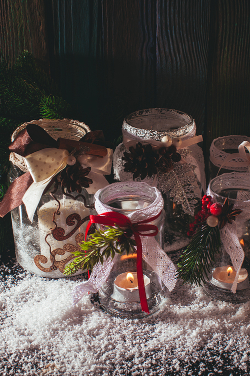 DIY glass candlesticks Christmas decor with lace and ribbons