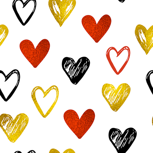 Decorative festive seamless pattern with golden and red hearts on a white background. Vector background for Valentine's day