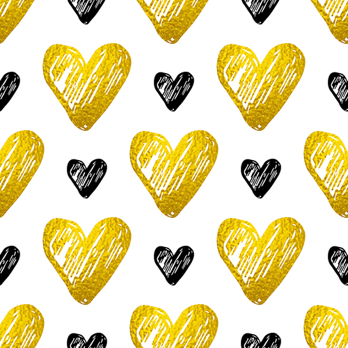 decorative festive seamless pattern with golden and  hearts on a white background. vector background for valentine's day