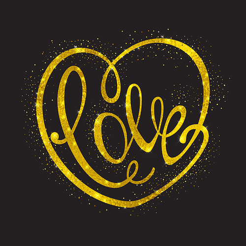 Romantic design with love calligraphy for Valentine's day. Vector golden glittering heart on a black background