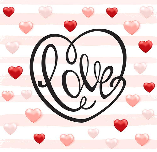 Romantic pink background with love calligraphy for Valentine's day. Vector hand drawn black heart lettering.