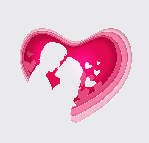 Vector cut out of paper pink heart with couple in love. Romantic Valentine background with man and woman. Holiday greeting card