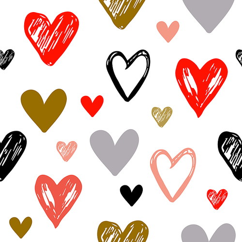 Decorative festive seamless pattern with hand drawn hearts on a white background. Vector background for Valentine's day