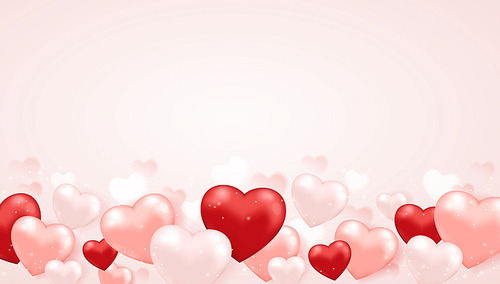 Decorative festive horizontal background for Valentine's day with pink and red heart balloons. Vector illustration.